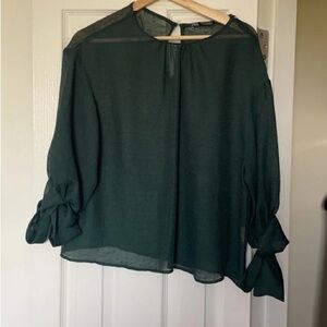George Dark Green Women's Blouse with Tie Sleeves